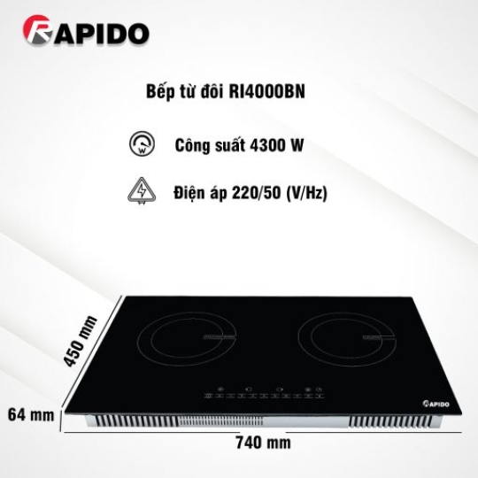 Bếp từ đôi Rapido RI4000BN điều khiển cảm ứng kiểu số 