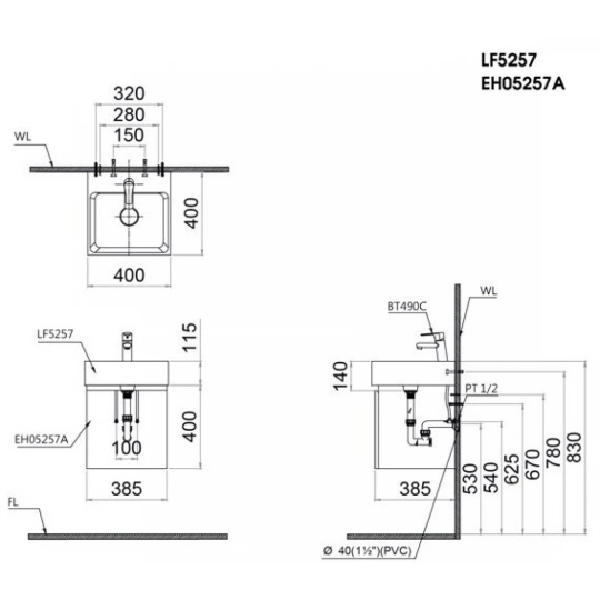 Bộ Tủ Lavabo Caesar Treo Tường LF5257/EH05257ATGV Xám Đậm