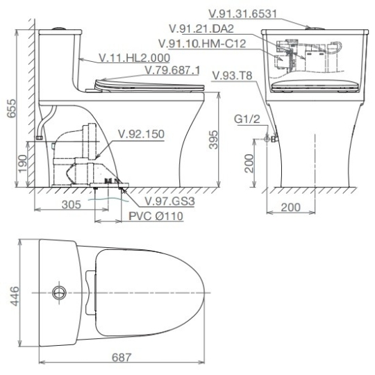 Bồn Cầu Viglacera HL2 Nắp V687 1 Khối Nano Titan + VG826 + VG853