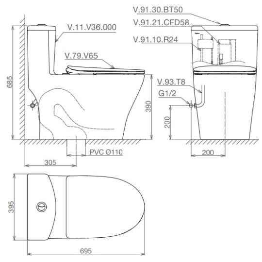 Bồn Cầu Viglacera V36SW Nắp Rửa Cơ M4A839