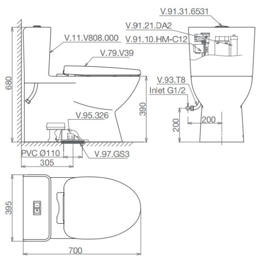 Bồn Cầu Viglacera V808 Vắp V39 1 Khối Nano Titan + VG826 + VG853