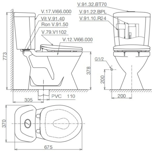 Bồn Cầu Viglacera VI66 2 Khối Nắp Êm Kèm Lavabo VTL2