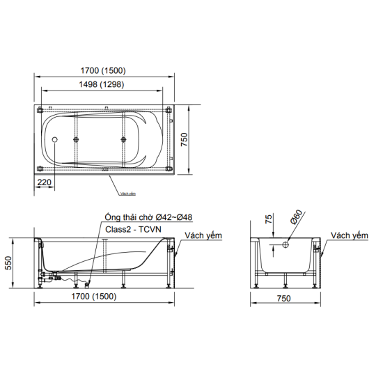 Bồn Tắm Inax FBV-1502SL & FBV-1502SR 1.5M Chân Yếm