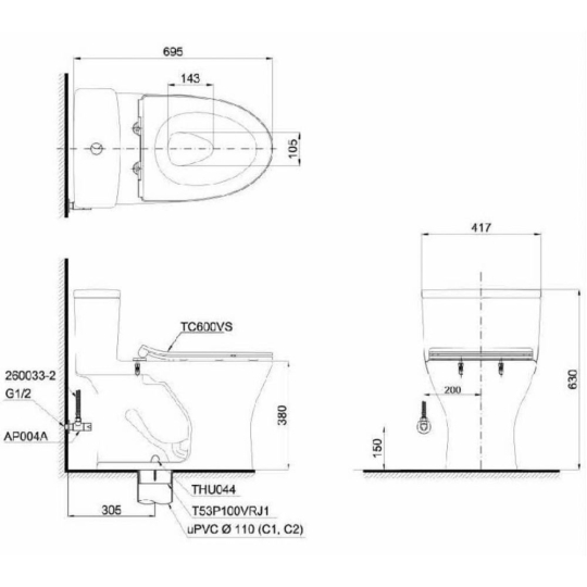 Bồn Cầu TOTO MS855DT8 Một Khối Nắp TC600VS