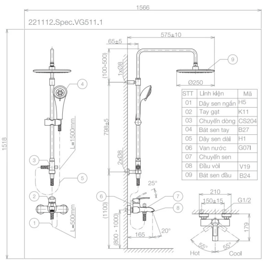 Vòi Sen Cây Viglacera VG511.1 Nóng Lạnh