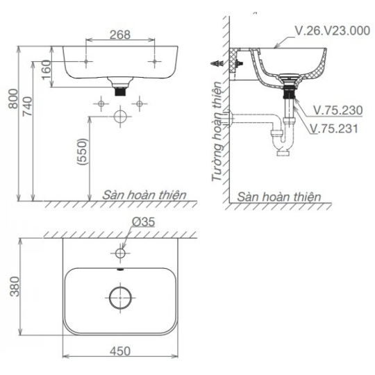 Chậu Rửa Lavabo Viglacera V23 Mekong Treo Tường