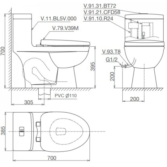 Bồn Cầu Viglacera BL5 Nắp Êm V37 + Vòi Xịt VG826