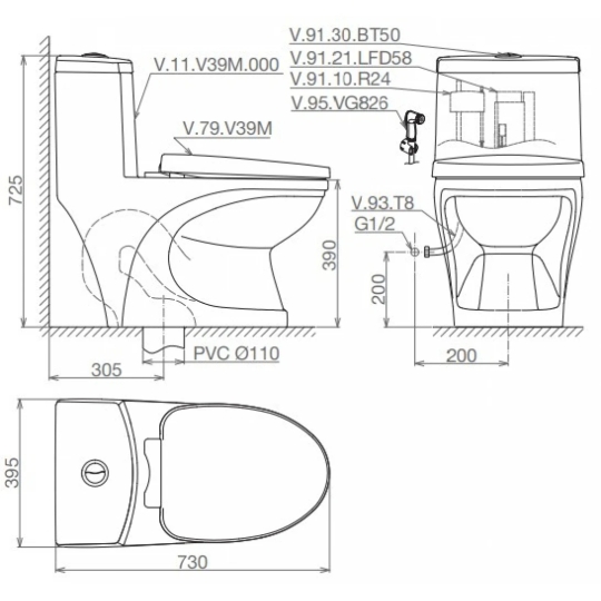 Bồn Cầu Viglacera V39 Nắp Êm V37 + Vòi Xịt VG826