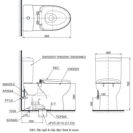 Bồn Cầu TOTO CS320DRE2 Hai Khối Nắp Cơ 
