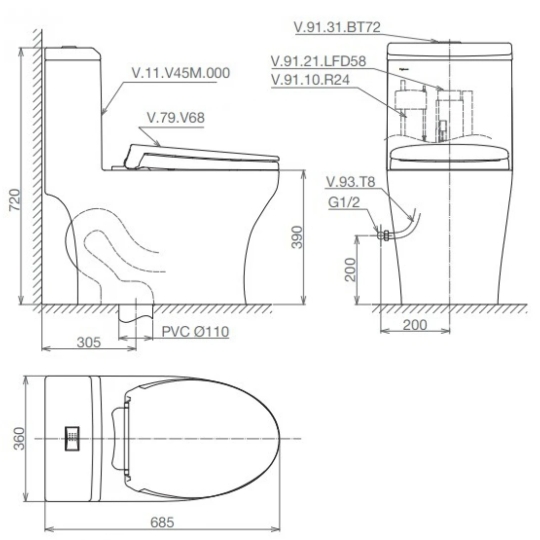 Bồn Cầu Viglacera V45M Xả Xoáy Nắp Êm V68 + Xịt VG826