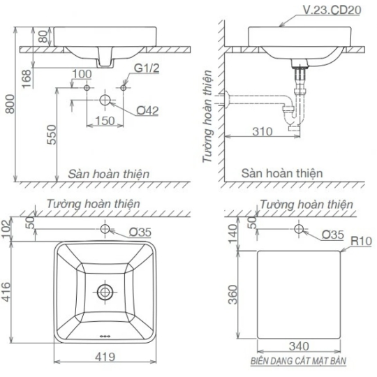 Chậu Rửa Mặt Lavabo Viglacera CD20 Đặt Bàn Vuông