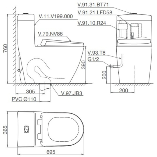 Bồn Cầu Viglacera V199 Nắp Êm V86 + Vòi Xịt VG826