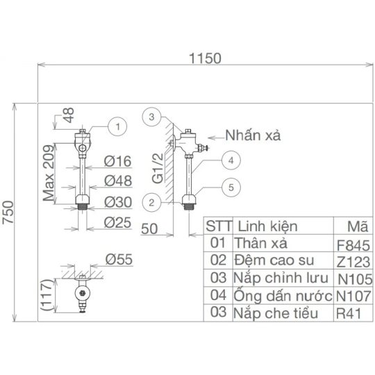Van Xả Bồn Tiểu Nam Viglacera VG845 (VGHX05)