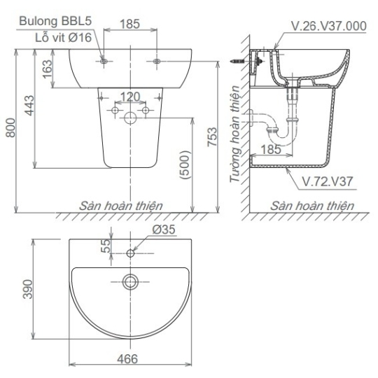 Chậu Rửa Lavabo Viglacera V37 Chân Treo