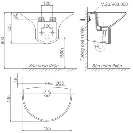 Chậu Rửa Lavabo Viglacera V63 Liền Khối Treo Tường
