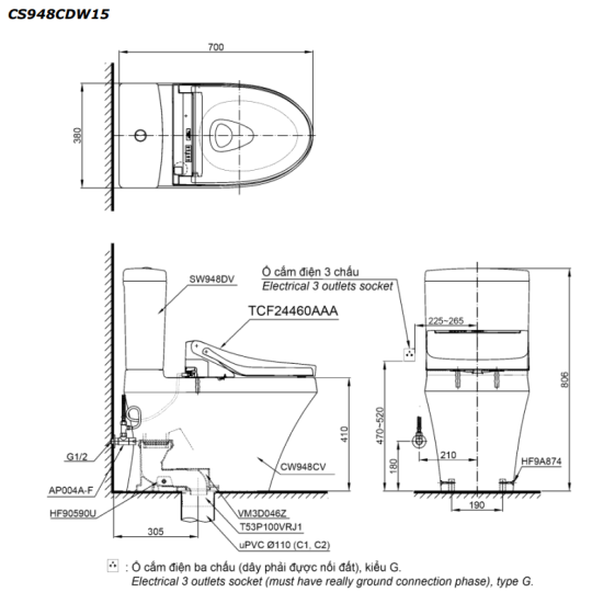 Bồn Cầu Điện Tử TOTO CS948CDW15 Washlet Giấu Dây