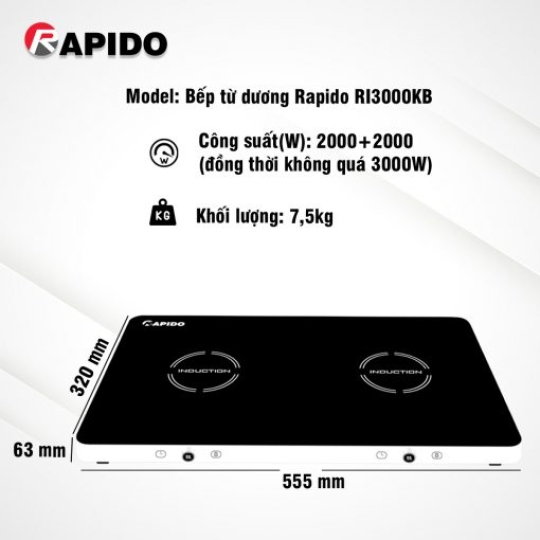 Bếp từ dương Rapido RI3000KB điều khiển cảm ứng kết hợp núm vặn- hàng chính hãng