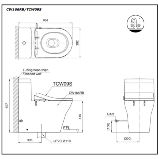Bàn Cầu TOTO CW166RB/TCF34320GAA/T53P100VR Nắp Điện Tử Chữ D S5