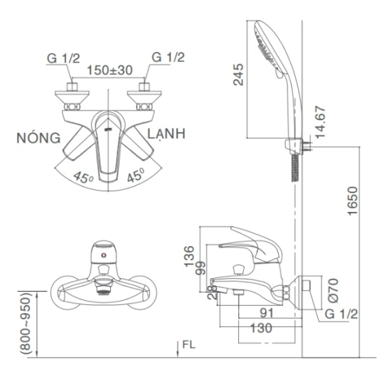 Vòi sen tắm nước nóng lạnh inax BFV-3003S-3C