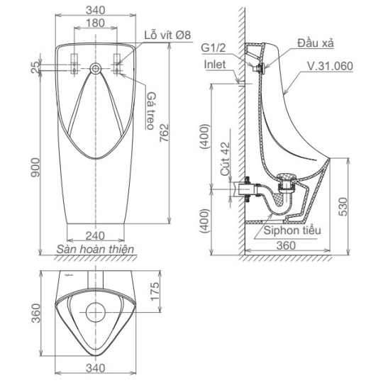 Bồn Tiểu Nam Viglacera T6 Treo Tường