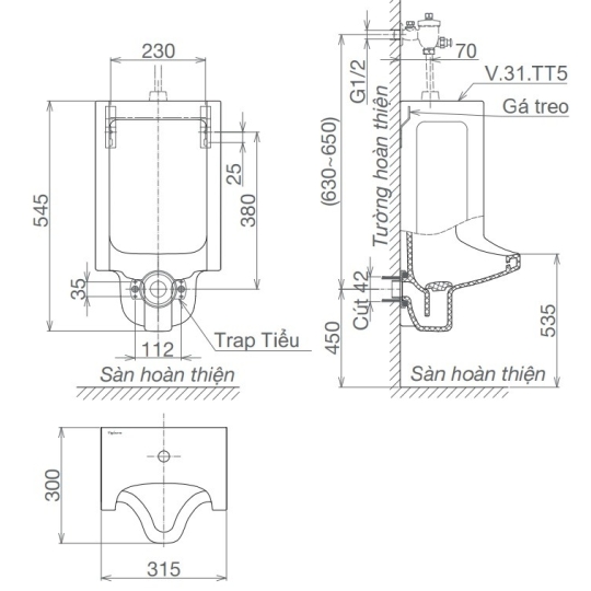 Bồn Tiểu Nam Viglacera TT5 Treo Tường