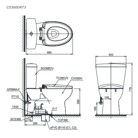 Bồn Cầu Hai Khối TOTO CS300DRT3 Nắp TC385VS