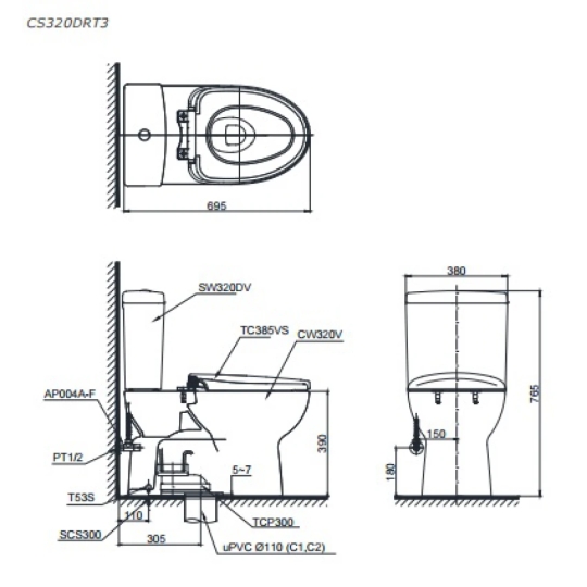 Bồn Cầu Hai Khối TOTO CS320DRT3 Nắp TC385VS