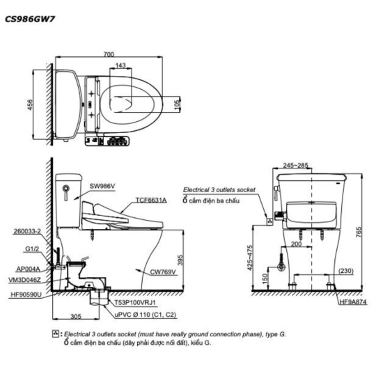 Bồn Cầu Điện Tử TOTO CS986CGW17 Nắp Rửa Washlet TCF23460AAA C2 Giấu Dây