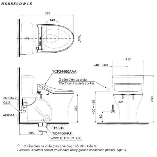 Bồn Cầu Điện Tử TOTO MS855CDW15 Washlet