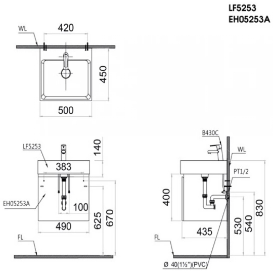 Bộ Tủ Lavabo Caesar Treo Tường LF5253/EH05253AV