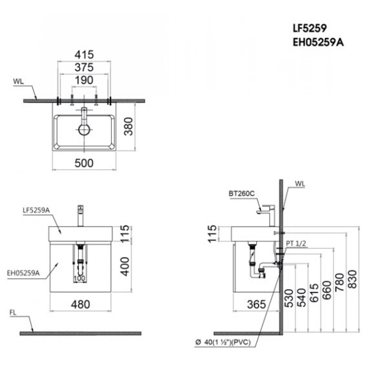 Bộ Tủ Lavabo Caesar LF5259/EH05259AV Treo Tường