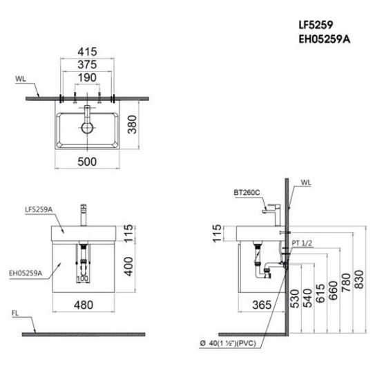 Bộ Tủ Lavabo Caesar Treo Tường LF5259/EH05259ATGV Xám Đậm
