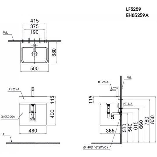 Bộ Tủ Lavabo Caesar LF5259/EH05259AWV Vân Gỗ Treo Tường