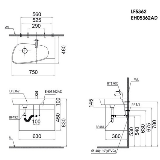 Bộ Tủ Lavabo Caesar Treo Tường LF5362/EH05362ADV