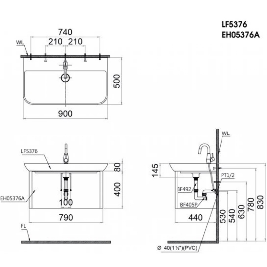 Bộ Tủ Lavabo Caesar Treo Tường LF5376/EH05376AV