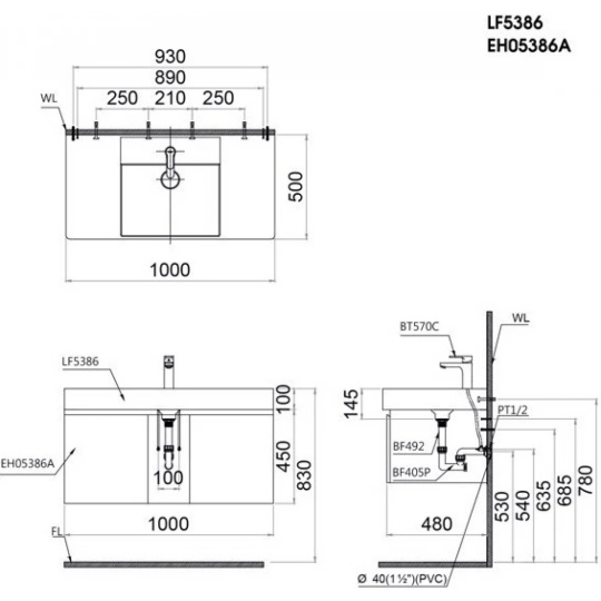 Bộ Tủ Lavabo Caesar Treo Tường LF5386/EH05386AV