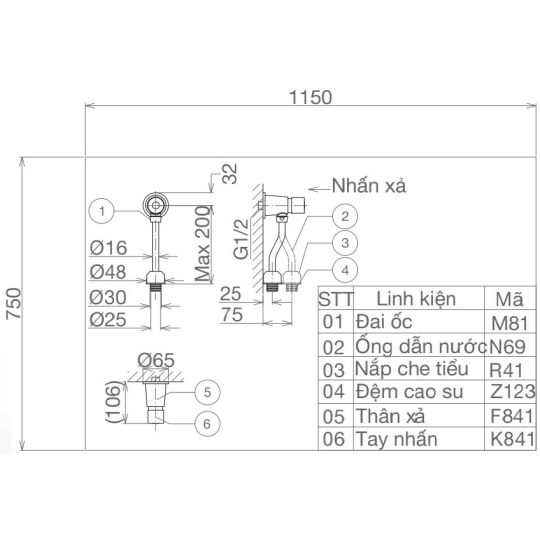 Van Xả Bồn Tiểu Nam Viglacera VG841.1 Nhấn Ống Cong