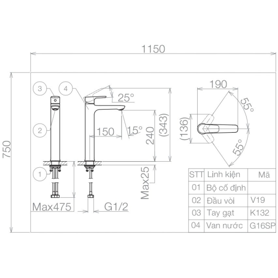 Vòi Chậu Rửa Măt Lavabo Viglacera VG132.1 Nóng Lạnh Cổ Cao