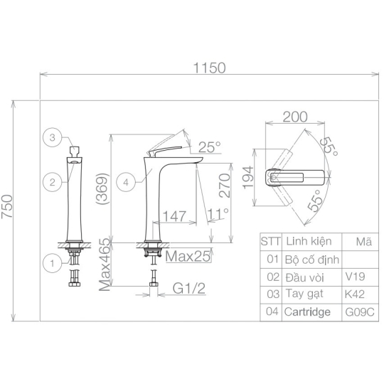 Vòi Lavabo Viglacera VG142.1 Nóng Lạnh Thân Cao