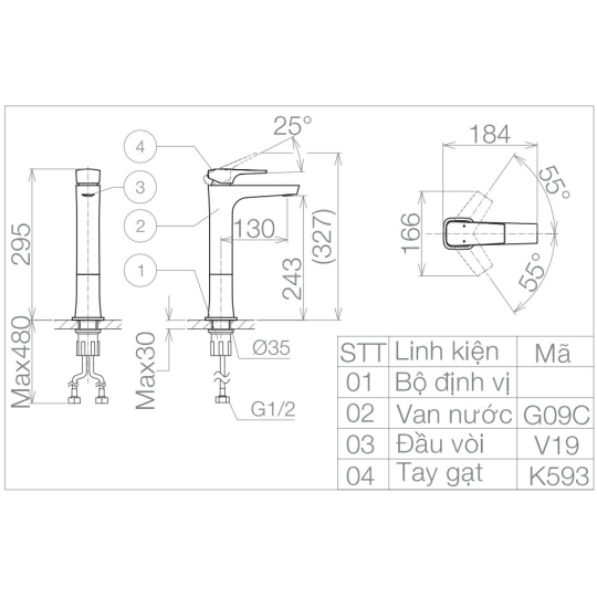 Vòi Lavabo Viglacera VG143.1 Nóng Lạnh Thân Cao