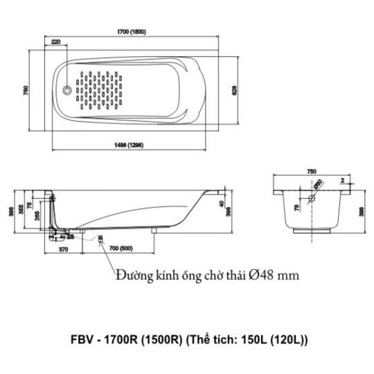 Bồn Tắm Inax FBV-1500R Xây 1.5M Ocean