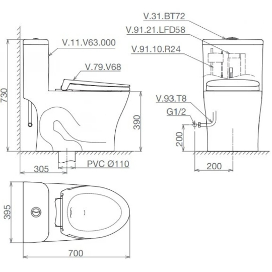 Bồn Cầu Viglacera V63 Nắp Êm V68 Tặng Vòi Xịt VG826