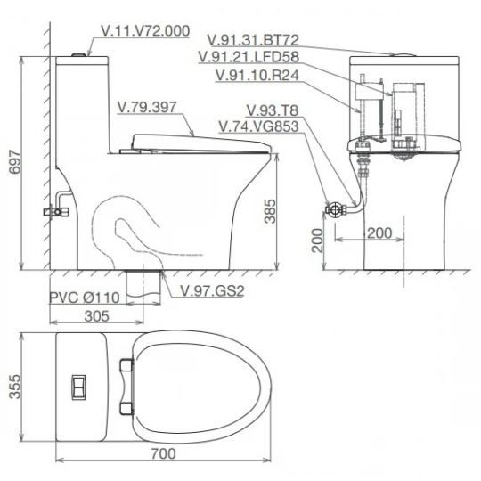 Bồn Cầu Viglacera Fansipan V72 (V700) Nắp Êm + Vòi Xịt VG826
