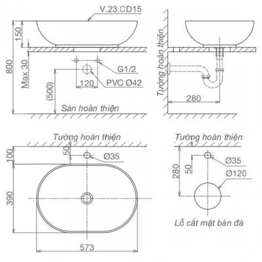 Chậu Rửa Lavabo Viglacera CD15 Đặt Bàn