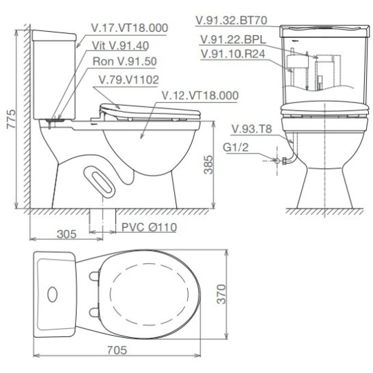 Bồn Cầu Viglacera VT18M 2 Khối Nắp Êm Kèm Chậu VTL2
