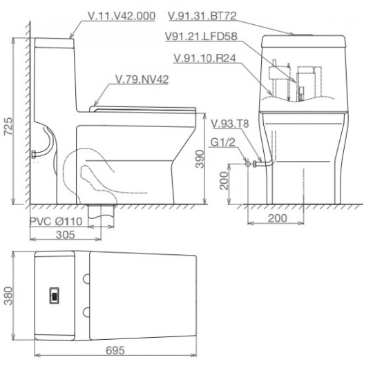 Bồn Cầu Một Khối Viglacera V42 Nắp Êm + Vòi Xịt VG826